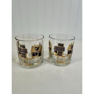 1960's Art Deco 22K Gold Fish Wharf Whiskey Glass San Fran Barware Arcoroc Set-2